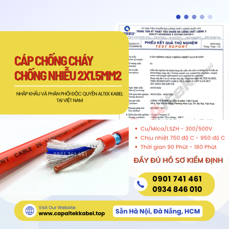 Dây cáp chống cháy chống nhiễu 2x1.5 Altek Kabel sẵn Long An, An Giang, Đồng Tháp