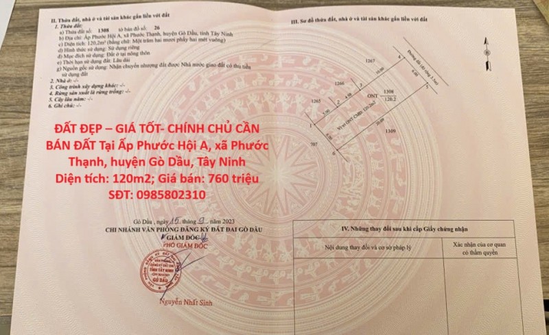 ĐẤT ĐẸP – GIÁ TỐT- CHÍNH CHỦ CẦN BÁN ĐẤT Tại Ấp Phước Hội A, xã Phước Thạnh, huyện Gò Dầu, Tây Ninh