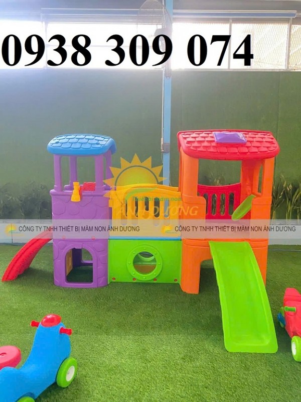 Cầu trượt 2 mái nhà trẻ em mầm non, nhà khối cầu trượt trẻ em