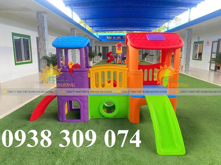 Cầu trượt 2 mái nhà trẻ em mầm non, nhà khối cầu trượt trẻ em