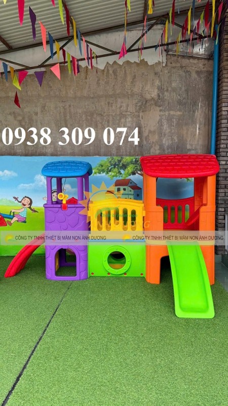 Cầu trượt 2 mái nhà trẻ em mầm non, nhà khối cầu trượt trẻ em