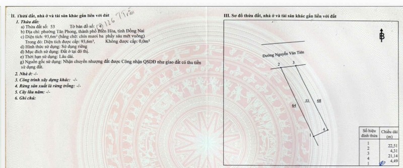 BÁN ĐẤT 93.6m2, full thổ cư đất ở ĐT, có nhà cấp 4 mới xây Tại Phường Tân Phong, TP Biên Hòa, Đồng