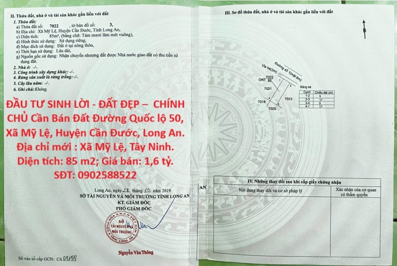 ĐẦU TƯ SINH LỜI - ĐẤT ĐẸP –  CHÍNH CHỦ Cần Bán Đất Đường Quốc lộ 50, Xã Mỹ Lệ, Huyện Cần Đước, Long
