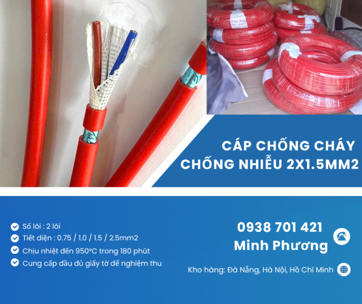 Cáp chống cháy chống nhiễu 2x1.5mm2 chính hãng Đà Nẵng, Hà Nội, Quảng Ngãi