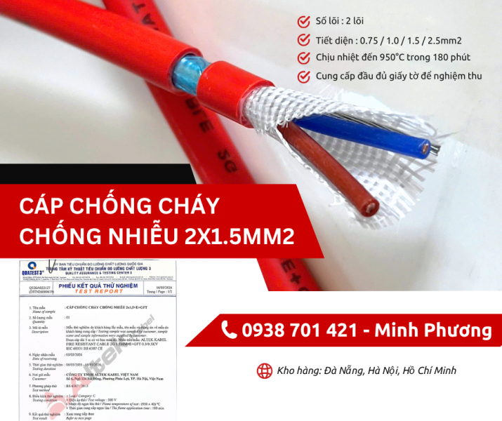 Cáp chống cháy chống nhiễu 2x1.5mm2 chính hãng Đà Nẵng, Hà Nội, Quảng Ngãi