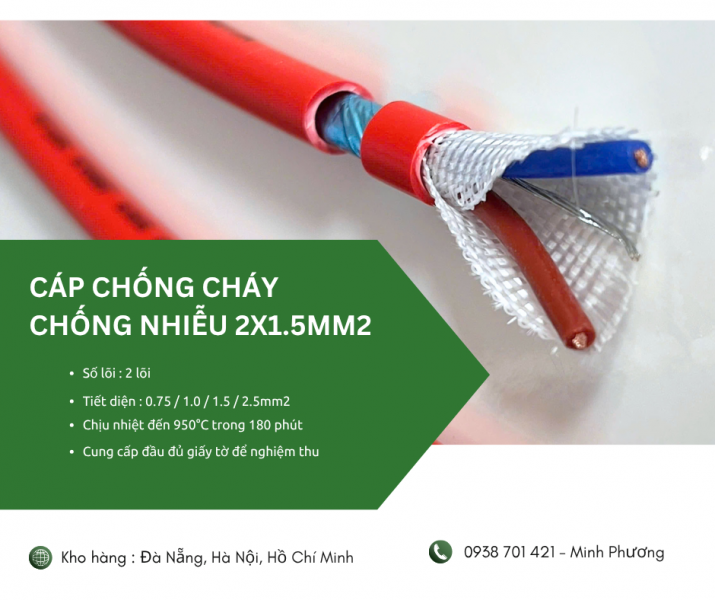 Cáp chống cháy chống nhiễu 2x1.5mm2 chính hãng Đà Nẵng, Hà Nội, Quảng Ngãi