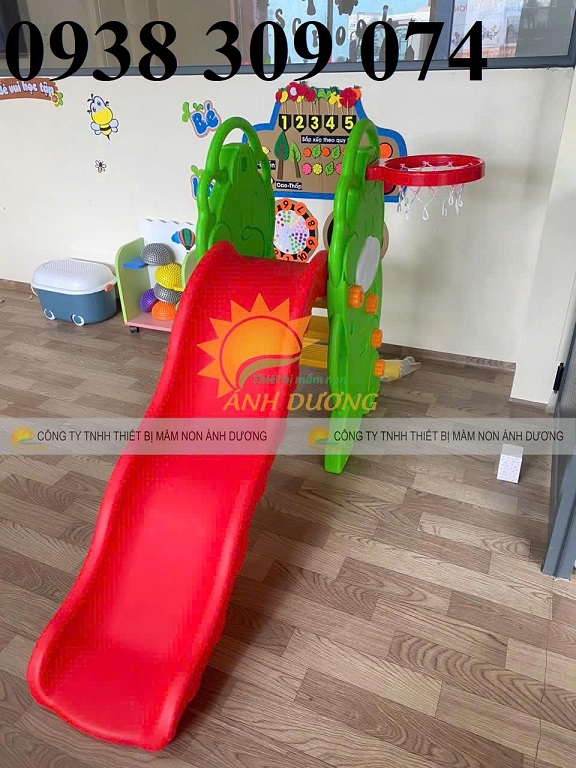Cầu trượt đơn con gấu mầm non, cầu trượt xích đu con gấu mầm non