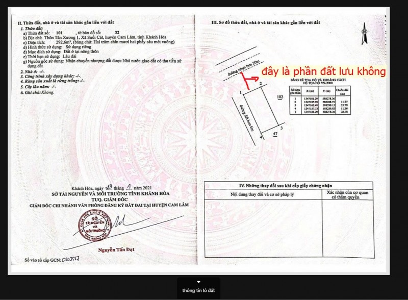 CHÍNH CHỦ CẦN BÁN ĐẤT THÔN TÂN XƯƠNG 1, X. Suối Cát, H. Cam Lâm, T. Khánh Hòa