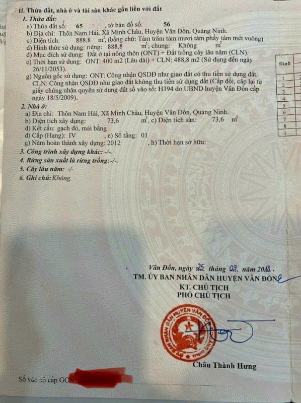 BÁN ĐẤT CHÍNH CHỦ – XÃ MINH CHÂU, VÂN ĐỒN, QUẢNG NINH