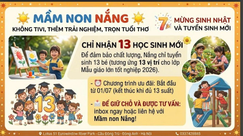 TUYỂN SINH NĂM HỌC MỚI TẠI MẦM NON NẮNG – KHÔNG TIVI, THÊM TRẢI NGHIỆM, TRỌN TUỔI THƠ