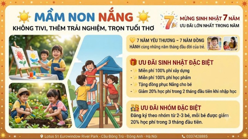 TUYỂN SINH NĂM HỌC MỚI TẠI MẦM NON NẮNG – KHÔNG TIVI, THÊM TRẢI NGHIỆM, TRỌN TUỔI THƠ
