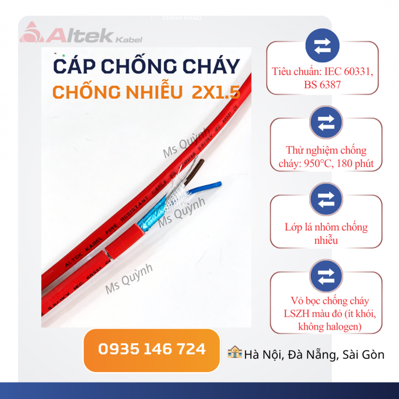 Cáp chống cháy chống nhiễu 2x1.5 Altek Kabel 180 phút