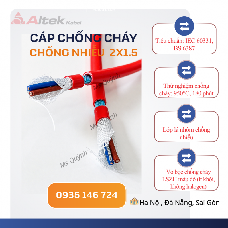 Cáp chống cháy chống nhiễu 2x1.5 Altek Kabel 180 phút