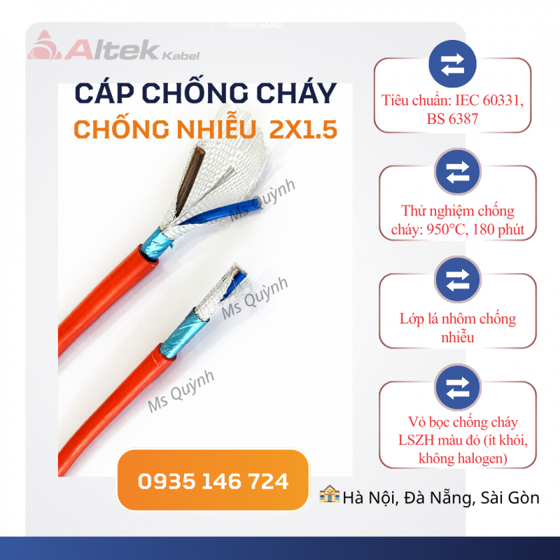 Cáp chống cháy chống nhiễu 2x1.5 Altek Kabel 180 phút