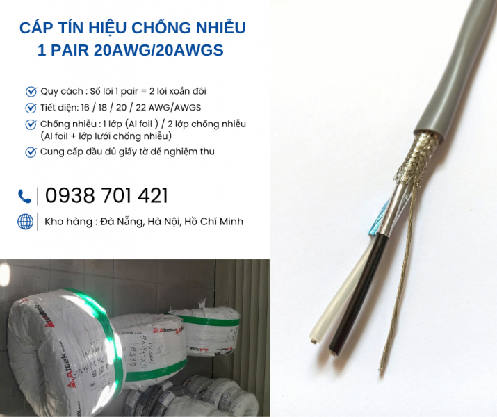 Cáp tín hiệu chống nhiễu 1 Pair 20AWG/20AWGS – Hàng sẵn kho, giá tốt Đà Nẵng, Huế