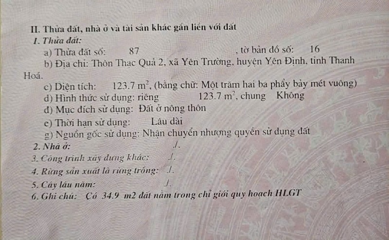 HOT HOT – CẦN BÁN ĐẤT GẦN NHÀ XE HOÀNG ĐÔNG, PHỐ KIỂU, X. Yên Trường, H. Yên Định, T. Thanh Hóa