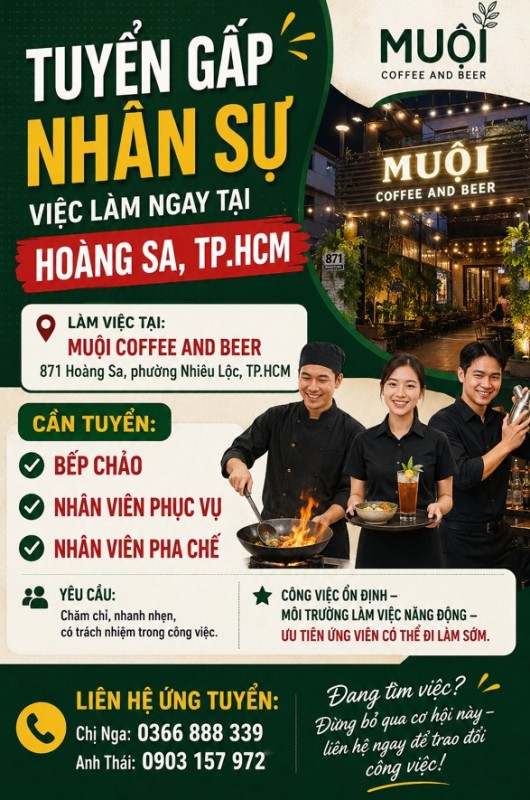 Tuyển gấp bếp chảo, phục vụ, pha chế tại Hoàng Sa, TP.HCM - Việc làm ngay, môi trường tốt