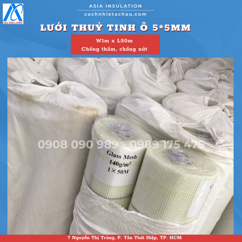 Lưới thuỷ tinh ô 5*5mm, chống thấm, chống nứt cho tường