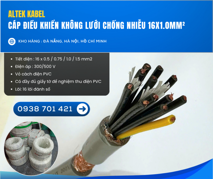 Cáp điều khiển không lưới chống nhiễu 16x1.0mm² – Hàng sẵn kho Đà Nẵng, HN, HCM