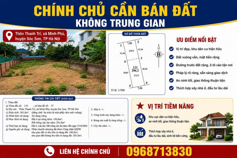 CHÍNH CHỦ CẦN BÁN ĐẤT ĐẸP THANH TRÍ – MINH PHÚ – SÓC SƠN, HÀ NỘI NHỈNH 6 TỶ