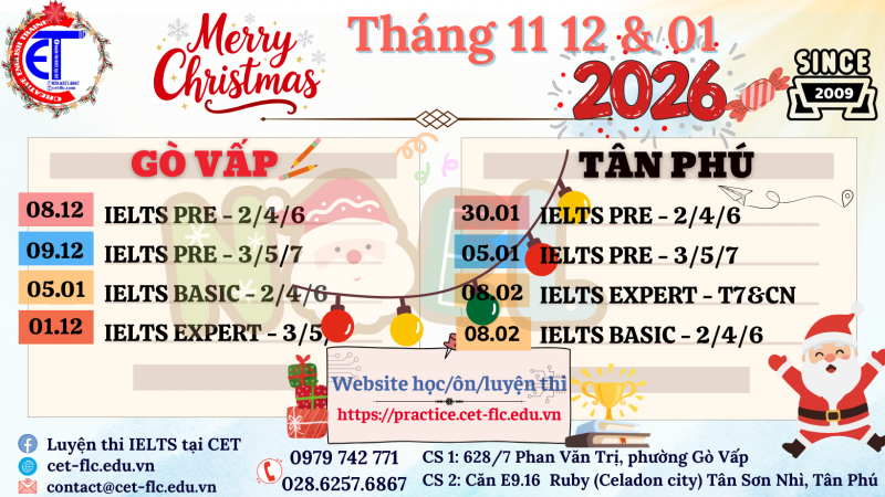 LỊCH HỌC IELTS TẠI CET NĂM 2026 TẠI TÂN PHÚ