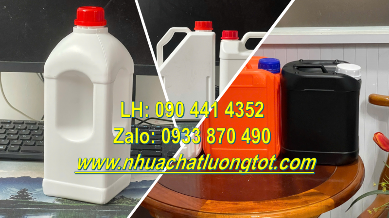 Bình nhựa 2 lít đựng chất xúc tác, can nhựa 5 lít đựng ethanol, các chất gốc dầu 
