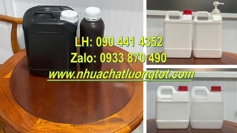 Bình nhựa 2 lít đựng chất xúc tác, can nhựa 5 lít đựng ethanol, các chất gốc dầu 