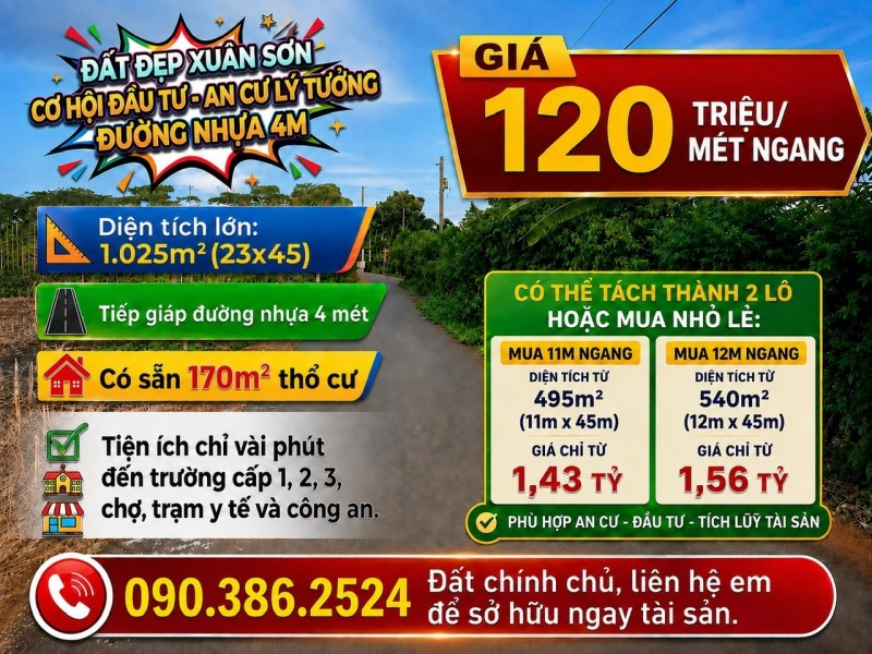 Chính chủ bán đất Xuân Sơn, Hồ Chí Minh - 1.025m2, mặt tiền đường, sẵn 170m2 thổ cư