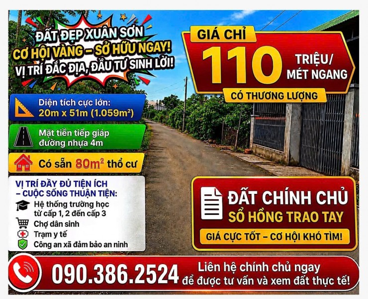 Đất Xuân Sơn, Hồ Chí Minh - 1.059m2 mặt tiền đường nhựa, sẵn 80m² thổ cư, giá tốt