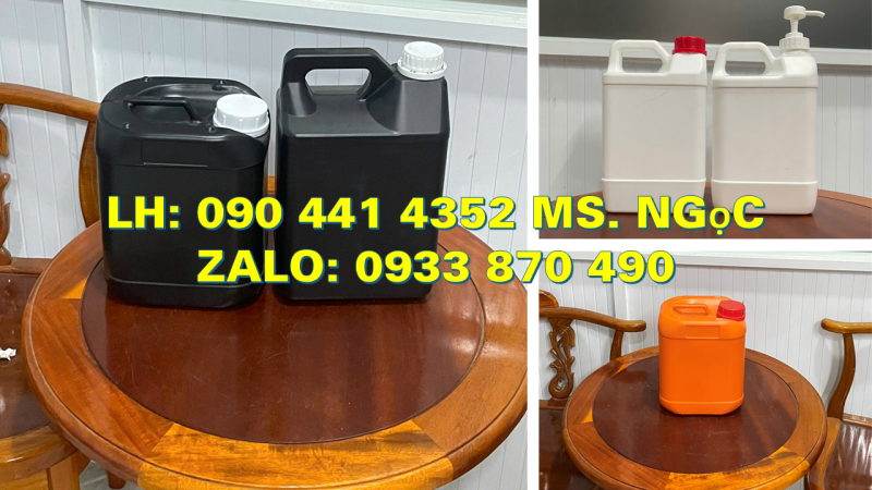 Bình nhựa vuông 5 lít vàng, can tròn 2 lít trắng, can nhựa 1 lít đựng chất lỏng diệt sâu bọ 