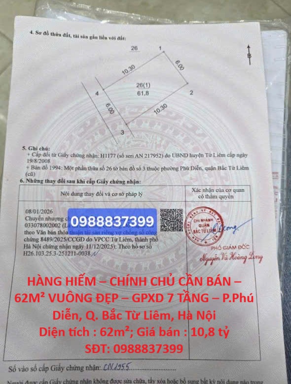 HÀNG HIẾM – CHÍNH CHỦ CẦN BÁN – 62M² VUÔNG ĐẸP – GPXD 7 TẦNG – P.Phú Diễn, Q. Bắc Từ Liêm, Hà Nội