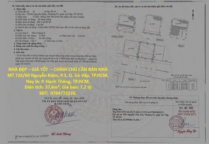 NHÀ ĐẸP – GIÁ TỐT  – CHÍNH CHỦ CẦN BÁN NHÀ MT 726/60 Nguyễn Kiệm, P.3, Q. Gò Vấp, TP.HCM.