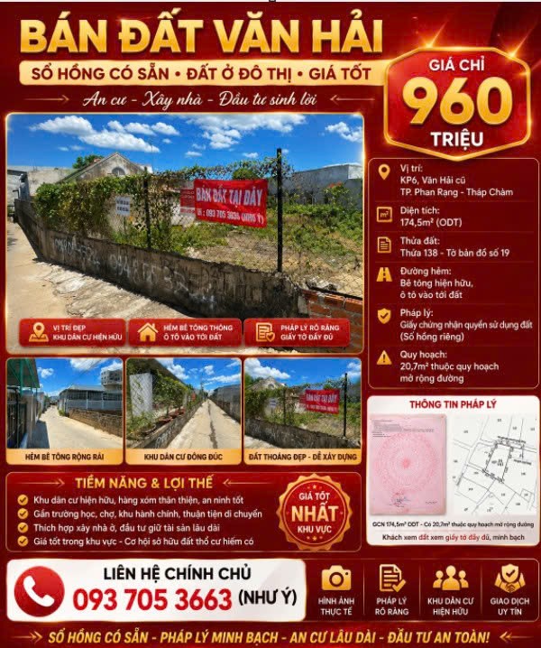 DƯỚI 1 TỶ SỞ HỮU 174,5M² ĐẤT ODT Phường VĂN HẢI - Thành Phố Phan Rang-  Tháp Chàm– GIÁ 960 TRIỆU
