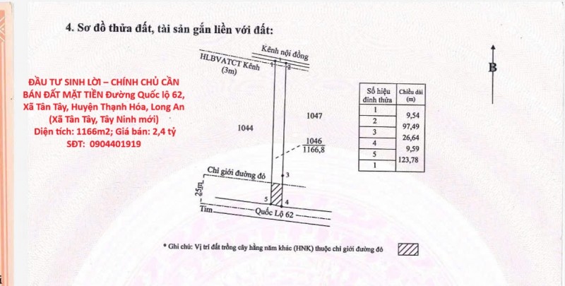 ĐẦU TƯ SINH LỜI – CHÍNH CHỦ CẦN BÁN ĐẤT MẶT TIỀN QL 62  TẠI Xã Tân Tây, Huyện Thạnh Hóa, Long An