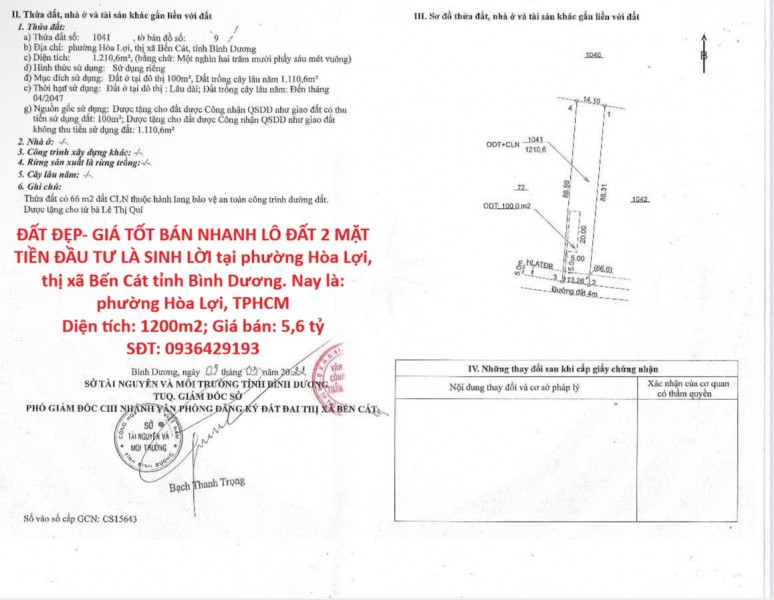 ĐẤT ĐẸP- GIÁ TỐT BÁN NHANH LÔ ĐẤT 2 MẶT TIỀN ĐẦU TƯ LÀ SINH LỜI tại Bến Cát, Bình Dương