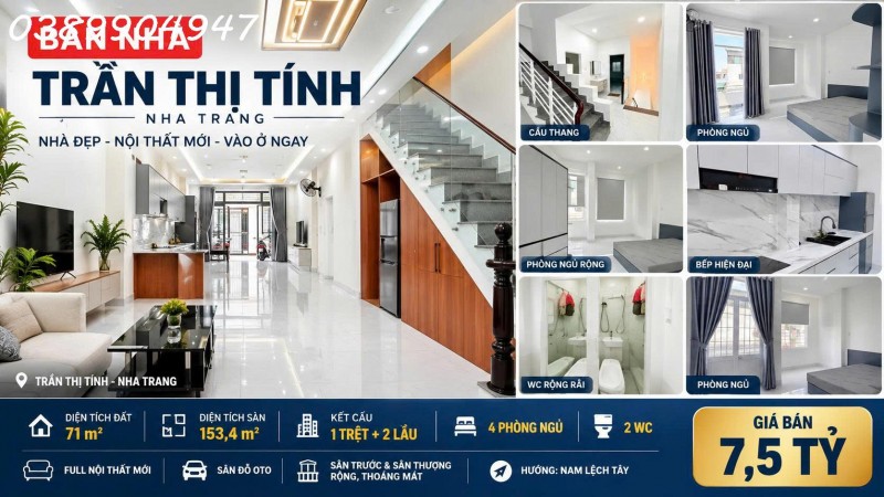 BÁN NHÀ MỚI 3 TẦNG MẶT TIỀN ĐƯỜNG TRẦN THỊ TÍNH NHA TRANG – DIỆN TÍCH SÀN 153,4M² FULL NỘI THẤT CAO