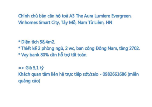 Chính chủ bán căn hộ toà A3 The Aura Lumiere Evergreen, Vinhomes Smart City, Tây Mỗ, Nam Từ Liêm, HN