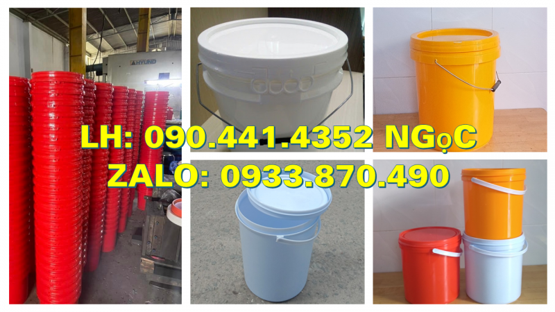 Xô nhựa 20 lít đựng gạo, vỏ thùng sơn 18 lít, xô nhựa 16 lít đựng hóa chất kết tủa 