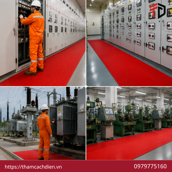 Thảm Cách Điện Kenji 10kv Dày 5mm Rãnh Màu Đỏ