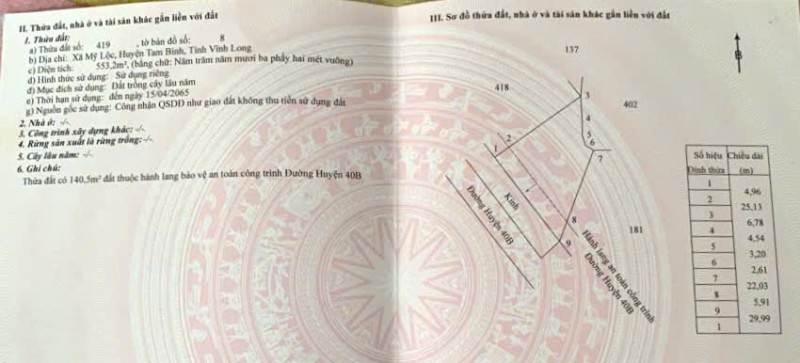 ĐẦU TƯ SINH LỜI - Chính Chủ Bán Lô Đất Mặt Tiền Đường huyện 40B  Xã Mỹ Lộc, Tam Bình, Vĩnh Long