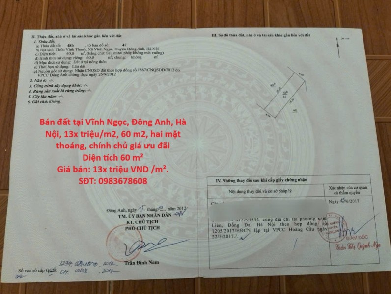Bán đất tại Vĩnh Ngọc, Đông Anh, Hà Nội, 13x triệu/m2, 60 m2, hai mặt thoáng, chính chủ giá ưu đãi