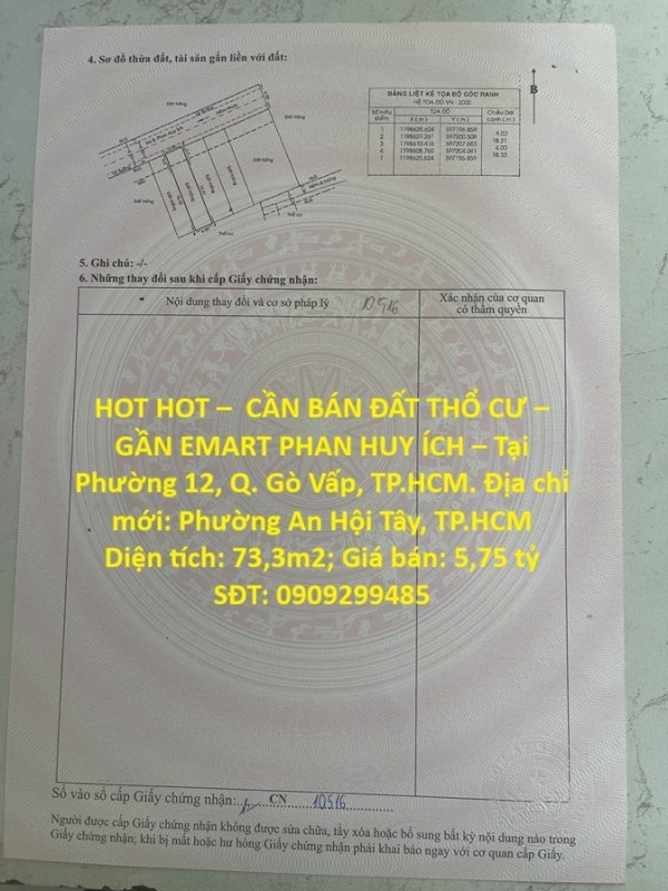 HOT HOT –  CẦN BÁN ĐẤT THỔ CƯ – GẦN EMART PHAN HUY ÍCH – Tại Phường 12, Q. Gò Vấp, TP.HCM