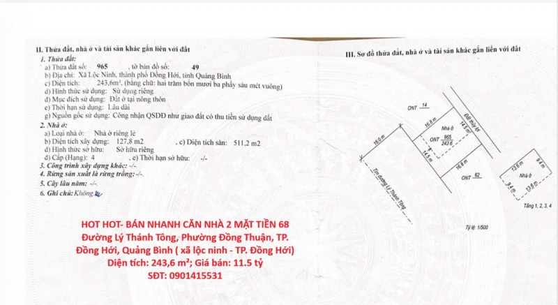 HOT HOT- BÁN NHANH CĂN NHÀ 2 MẶT TIỀN Lý Thánh Tông,TP.Đồng Hới, QB- GẦN NHÀ THI ĐẤU TRUNG TÂM TỈNH