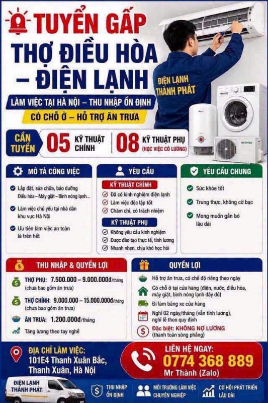 TUYỂN GẤP THỢ ĐIỆN LẠNH – THANH XUÂN, HÀ NỘI