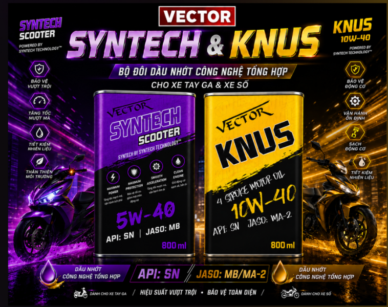 SYNTECH & KNUS – BỘ ĐÔI DẦU NHỚT VECTOR CÔNG NGHỆ TỔNG HỢP CHO XE MÁY