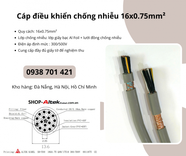 Cáp điều khiển chống nhiễu 16x0.75mm² Altek Kabel Quảng Trị, Huế, Nghệ An
