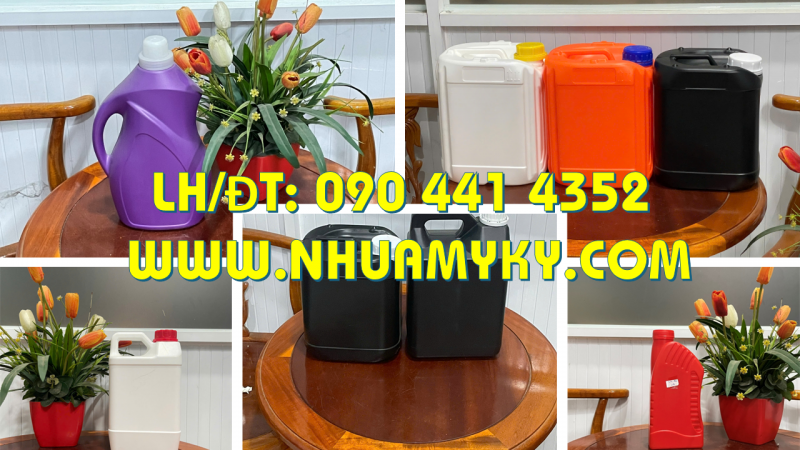 Bình nhựa 2 lít đựng thực phẩm lên men, can nhựa 1 lít đựng thuốc nhuộm, can 500ml đựng mực in 