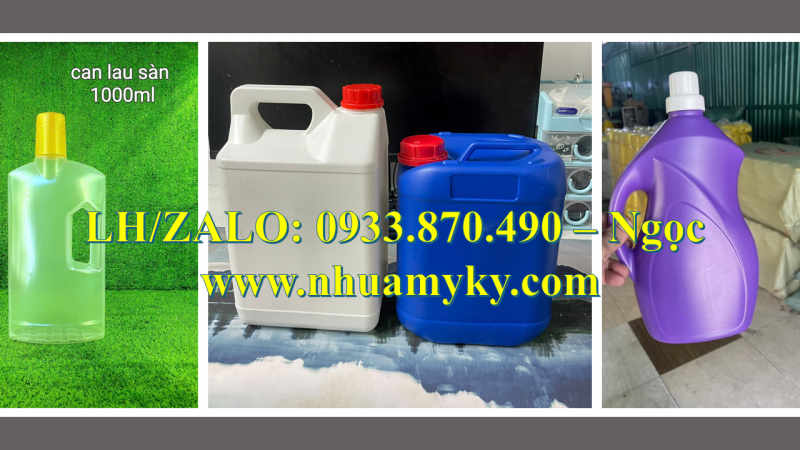 Bình nhựa 2 lít đựng thực phẩm lên men, can nhựa 1 lít đựng thuốc nhuộm, can 500ml đựng mực in 