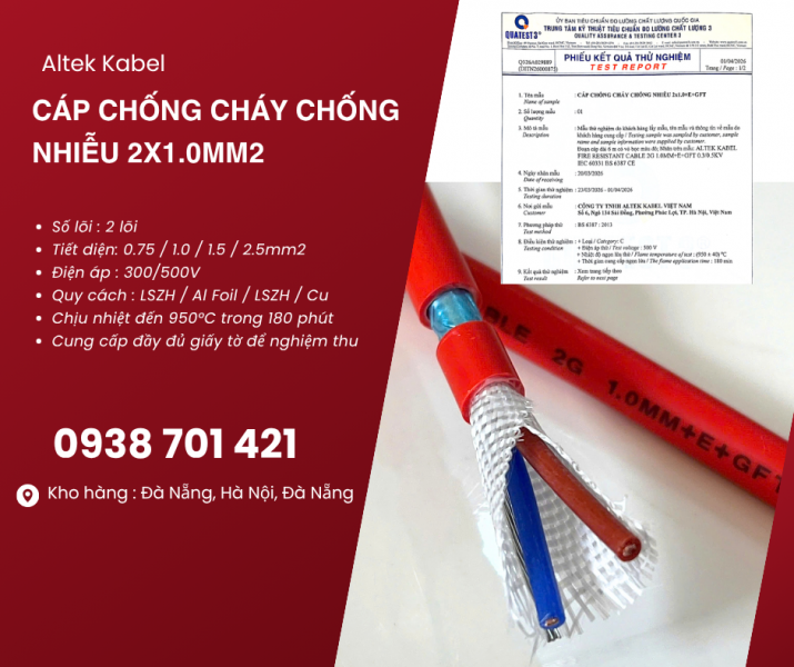 Cáp chống cháy chống nhiễu 2x1.0mm² sẵn kho, phân phối toàn quốc
