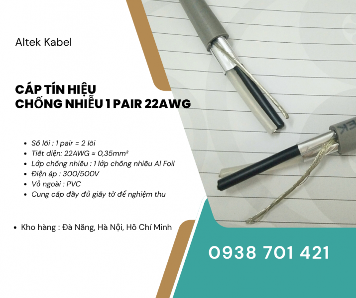 Cáp tín hiệu chống nhiễu 1 Pair 22AWG/22AWGS Altek Kabel – Cáp tín hiệu xoắn đôi 2 lõi